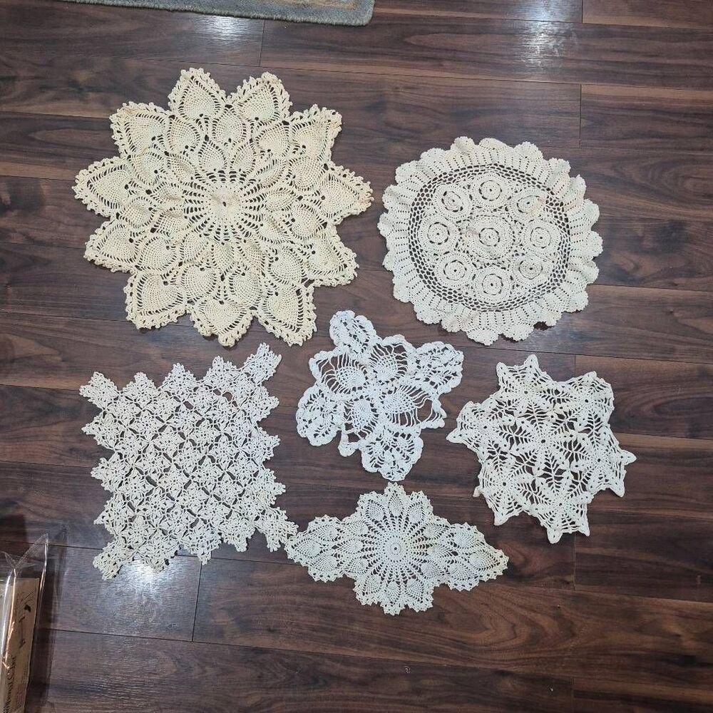 Crochet, 6 Vintage Large White & Ecru Cotton Doilies, Handmade